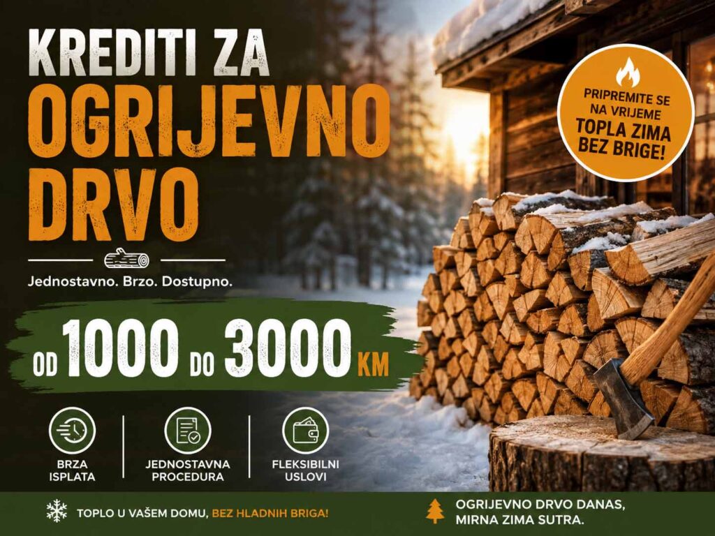 Grafički baner koji nudi brze mikrokredite za ogrijevno drvo od 1000 do 3000 KM uz brzu isplatu. Vizual prikazuje složena iscijepana drva ispred drvene kolibe zimi, sa tekstom 'Krediti za ogrijevno drvo' i 'Topla zima bez brige'.